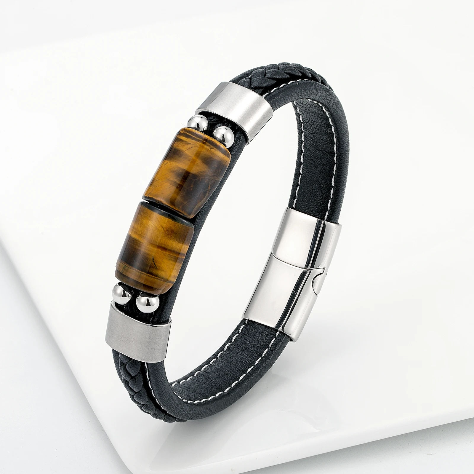 New Lucky Board Retro Jewelry Natural Tiger Eye Stone Men's Stainless Steel Bra