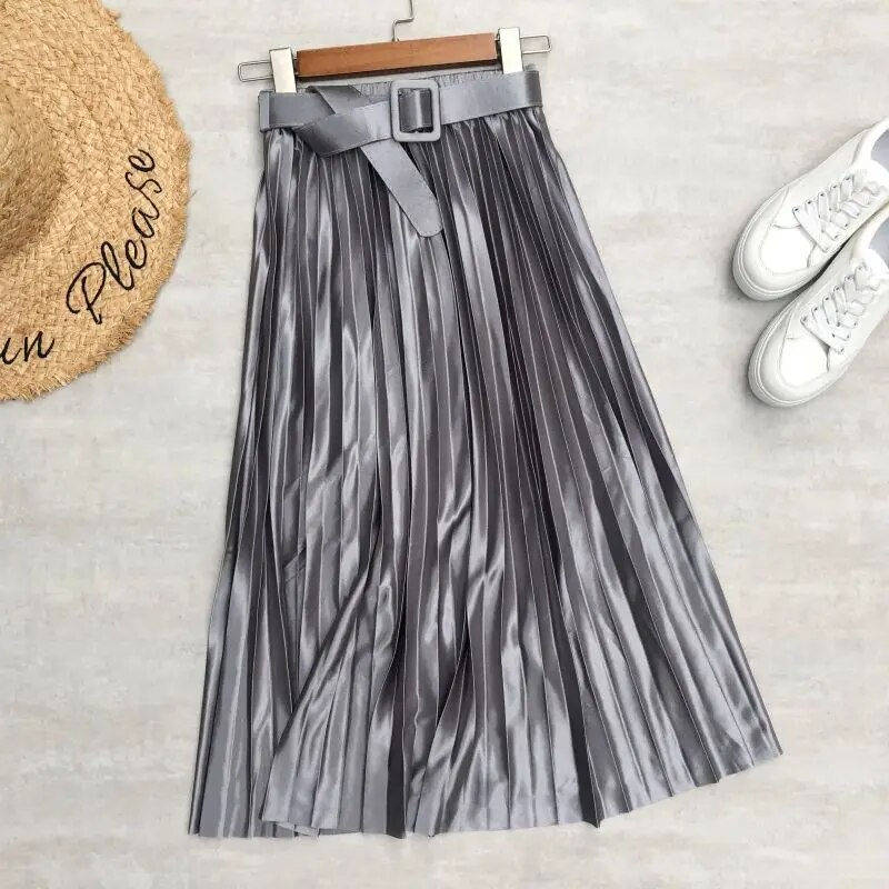 Thumbnail: Seoulish 2023 New Solid Elegant Stain Women's Pleated Skirts with Belted High W