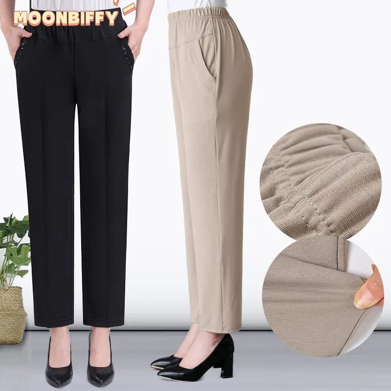 2022 Middle Aged and Old Women Spring Summer Pant Thin Elastic Waist Loose Cott