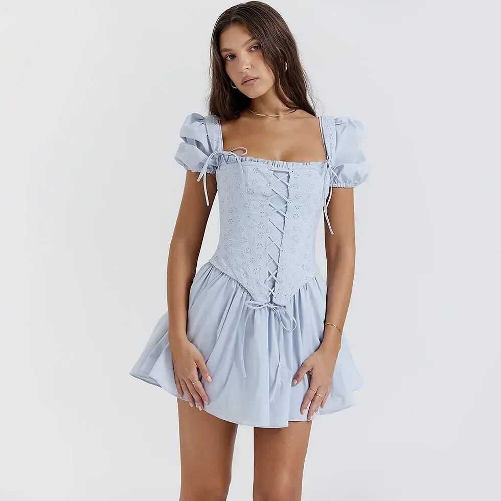 Thumbnail: Suninheart Summer Blue Puff Sleeve Corset Dress Mini Elegant A Line Lace Up Hol