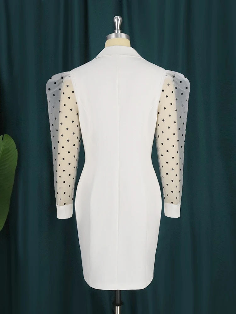 Miniatúra: White Blazer Dress Plus Size 4XL V Neck See Through Long Sleeve High Waist Body