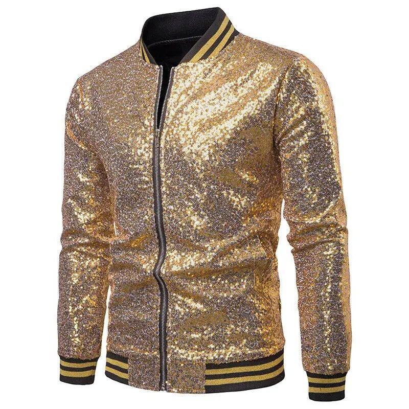 Thumbnail: Men Male Sequined Stylish Slim Long Sleeve Baseball Jacket Coat Zipper Coat Wed