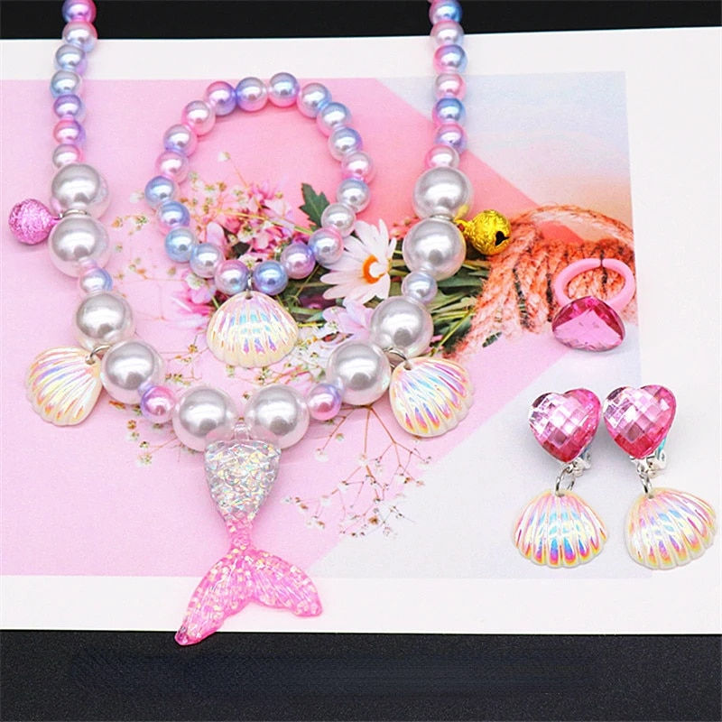 Indexkép: 2/5pcs Girls Jewelry Sets Mermaid Pearl Necklace Bracelet Ring Earring Set Kids