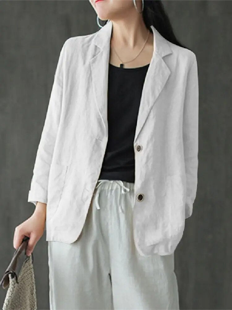 Thumbnail: ZANZEA Women Lapel Neck Long Sleeve Blazer Autumn Vintage Casual Solid Cotton B