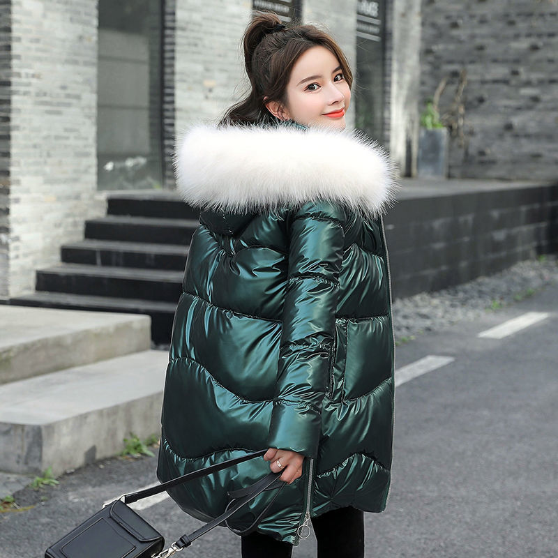 Küçük resim: New Winter Jacket Parkas Women Glossy Down Cotton Jacket Hooded Parka Warm Fema