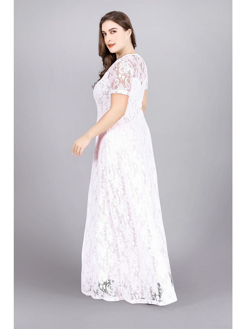 Thumbnail: Plus Size Party Dress Women Summer Short Sleeve Lace Floral Hollow Out Sexy Eve
