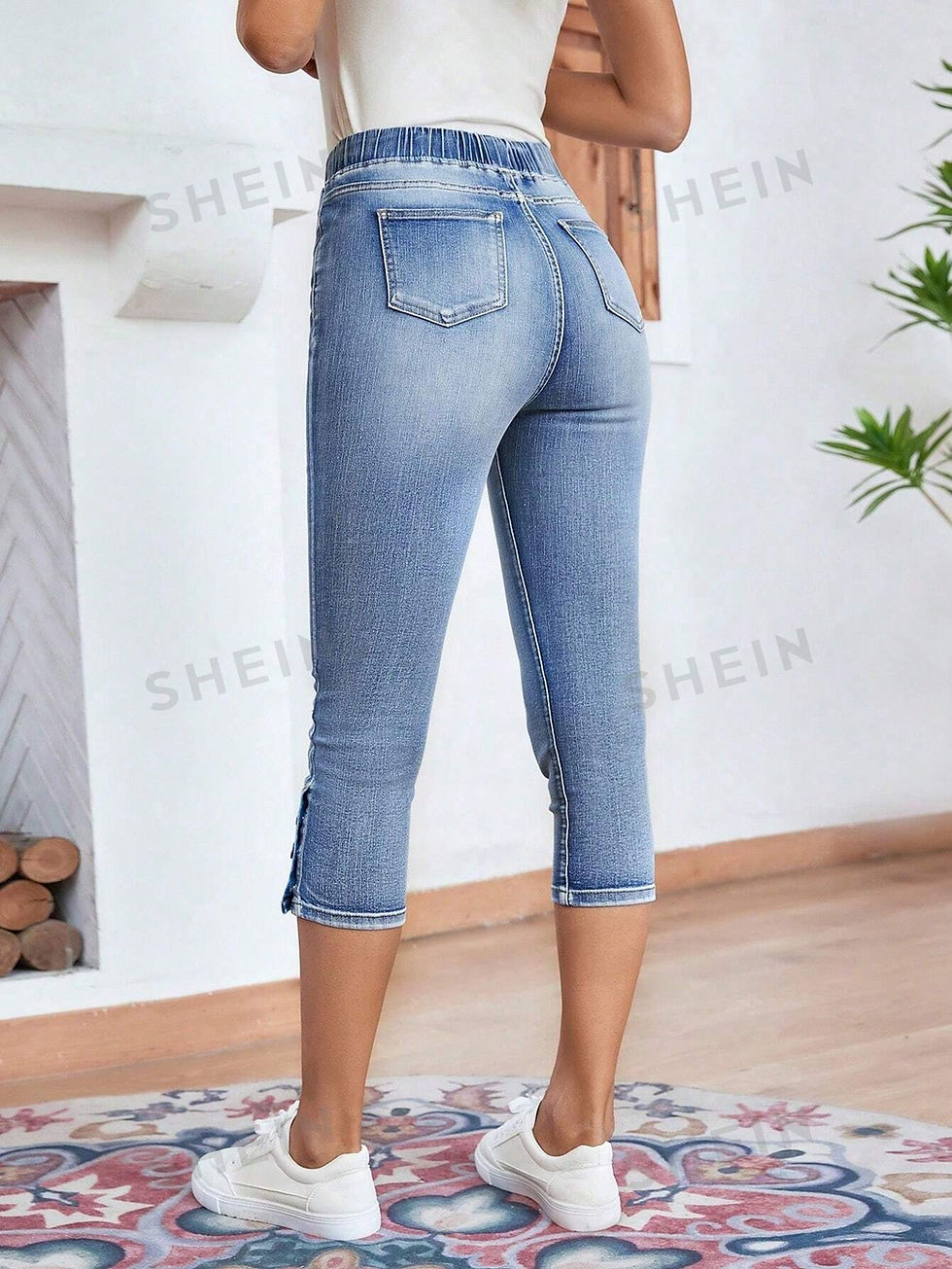 Miniatura: EMERY ROSE Drawstring Waist Button Hem Skinny Capri Jeans