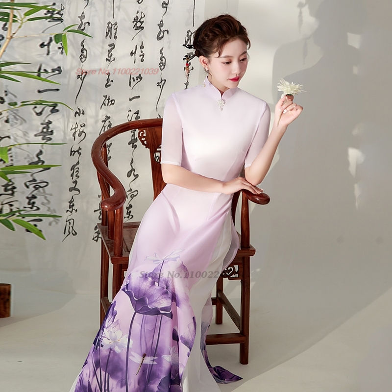 縮圖：2024 vietnam aodai dress traditional chinese vintage qipao dress women flower p