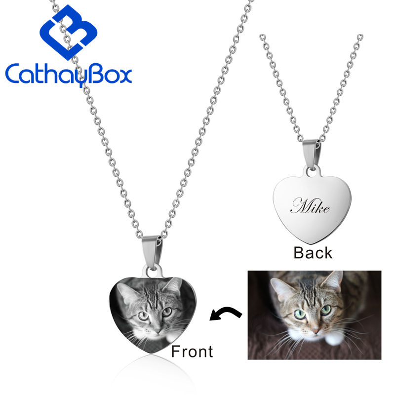 Thumbnail: Personalized Stainless Steel Engraved Name Photo Cute Heart Dog Tag Charm Penda