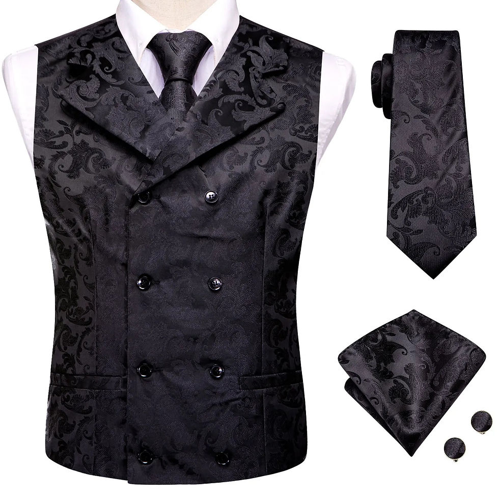 Miniatura: Hi-Tie Black Burgundy Floral Silk Mens Slim Waistcoat Necktie Set For Suit Dres