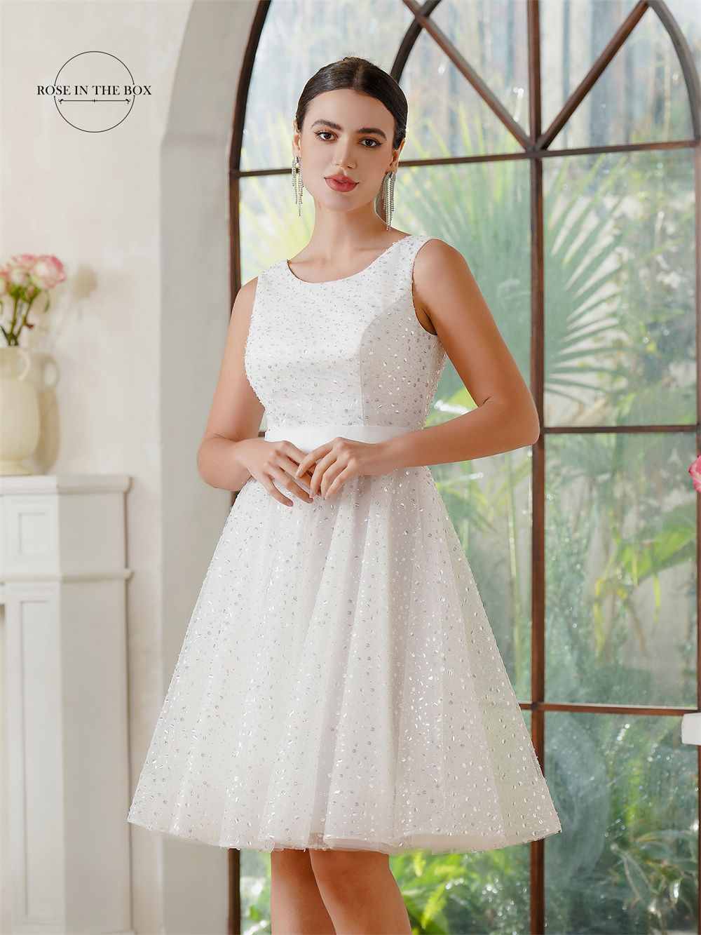 New Sparkly Short Wedding Dresses For Bride 2024 Sleeveless A Line Sequin Beade