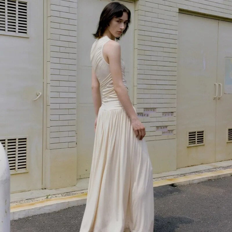 Miniatura: White Dress Women'S Summer 2023 New Design Sense Pleated Round Neck Sleeveless