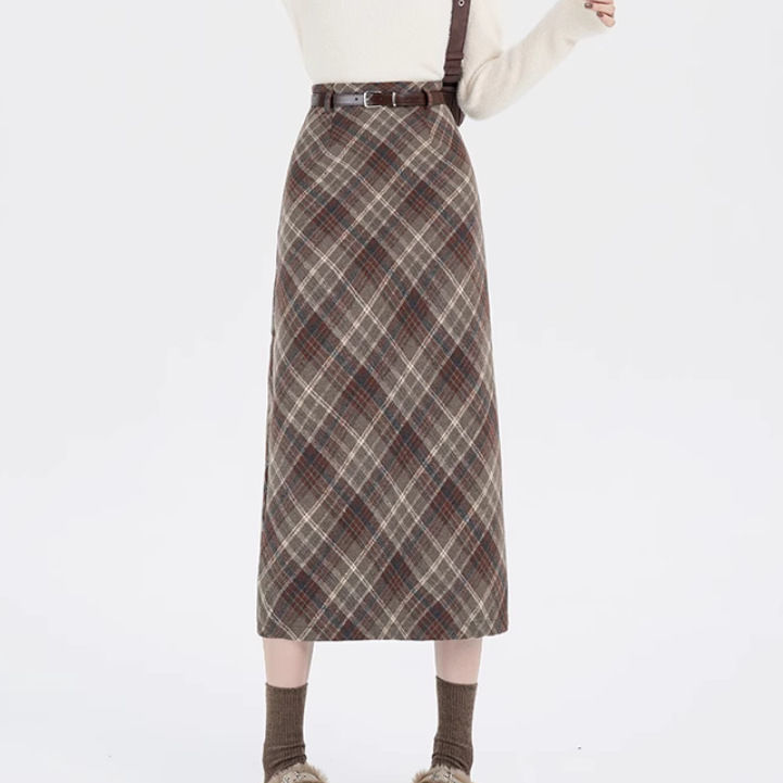 Thumbnail: High Waist Mid-length Woolen Plaid Skirt For Women