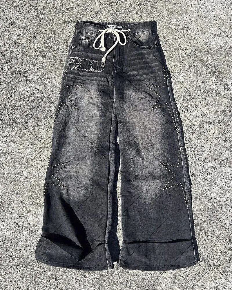 Thumbnail: European and American Fashionable High-waisted Trousers Raw Edge Washed Jeans M
