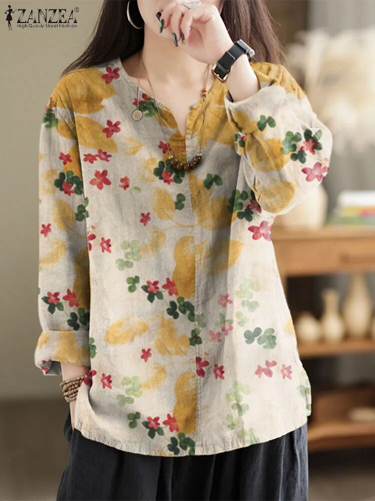 Thumbnail: ZANZEA Women Fashion Tops Spring Bohemian Floral Printed Blouse V Neck Long Sle