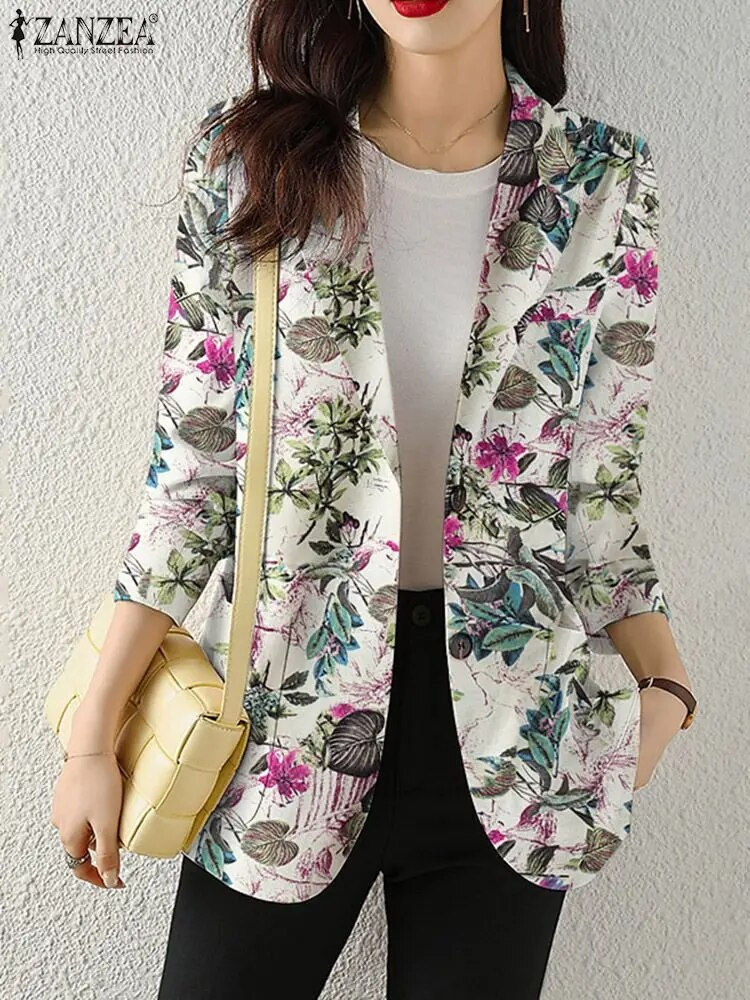 Miniatura: Women Autumn Blazer Retro Printed Coats Casual Long Sleeve Floral Outerwear ZAN