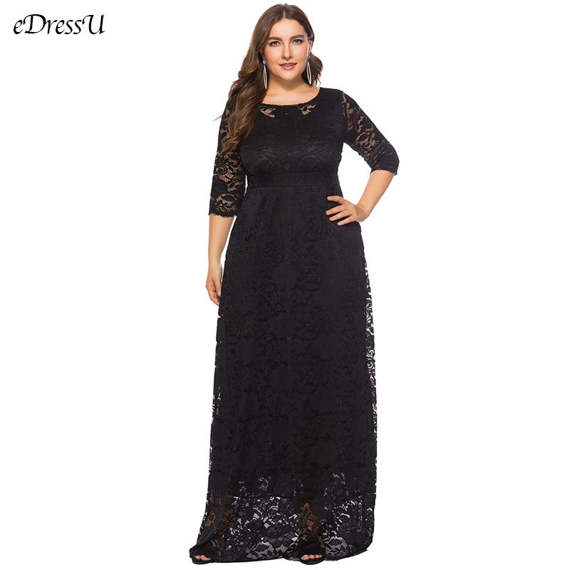 Thumbnail: eDressU 2022 Plus Size Lace Evening Party Dress High Quality Women Elegant Blac