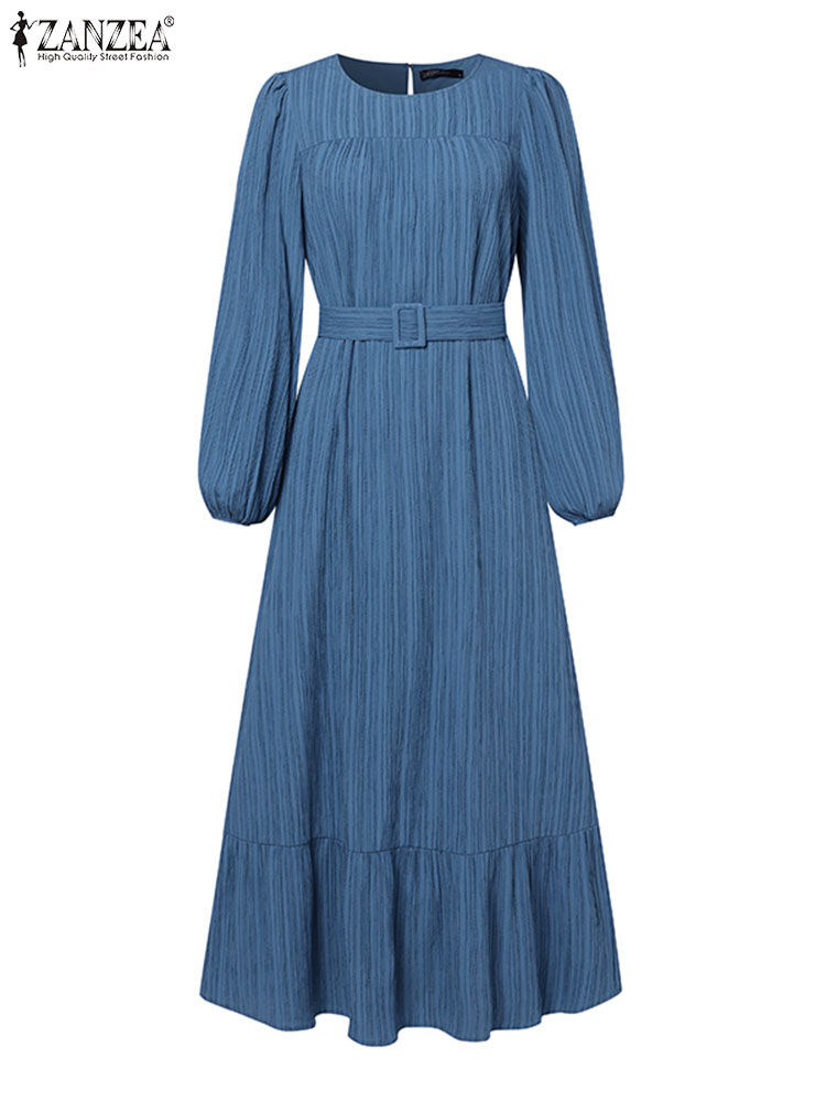 Miniatura: ZANZEA Women Fashion O Neck Long Sleeve Muslim Abaya Dress Vintage Solid Ruffle