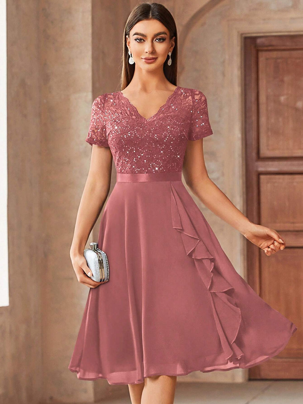 Thumbnail: MIUSOL V-Neck Contrast Lace Sequin Insert Ruffle Trim Chiffon Cocktail Party Sw