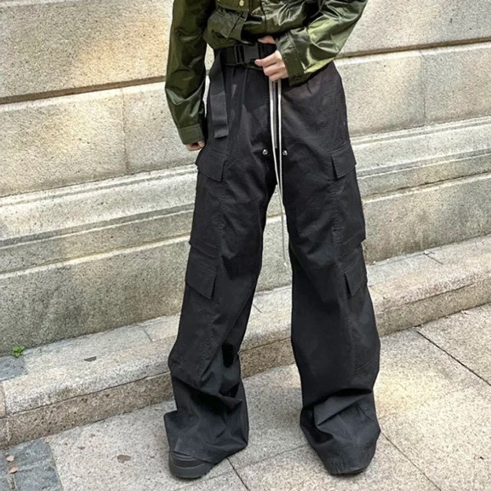 Ro Style Wide Leg Drawstring Black Cargo Pants Unisex Straight Baggy Casual Ove