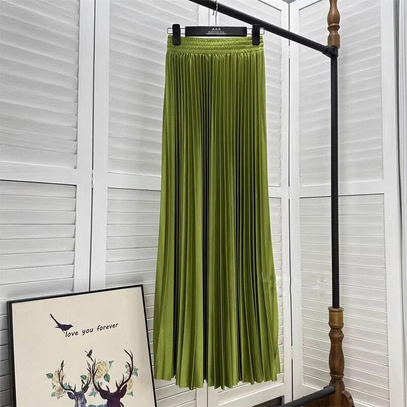 Μικρογραφία: 2023 97cm Basics Maxi Pleated Skirt for Women New Korean Casual All-match Solid