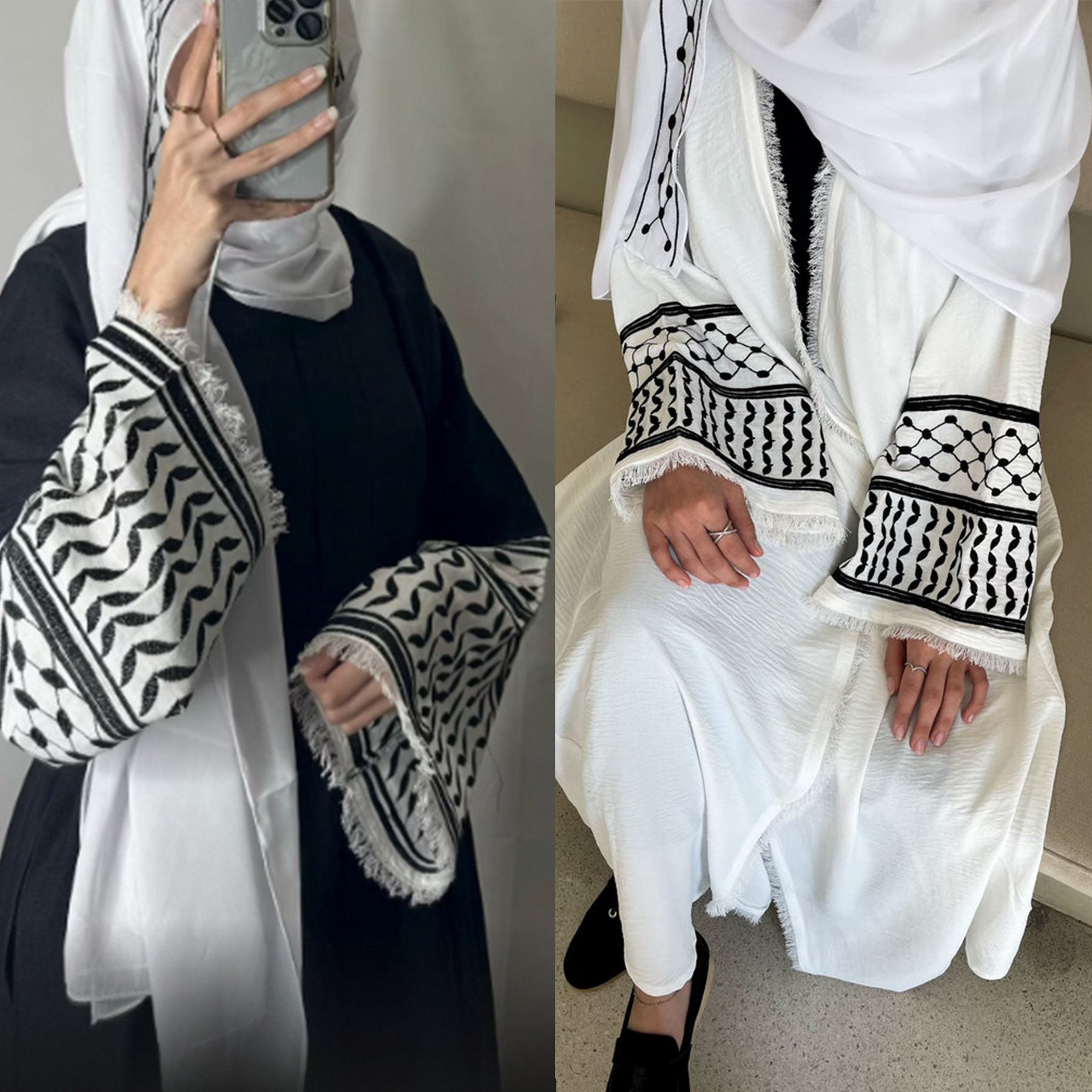 2024 Wrinkle Soft Crepe Embroidery Muslim Kefiyyeh Abaya Ramadan Tassel Dubai A