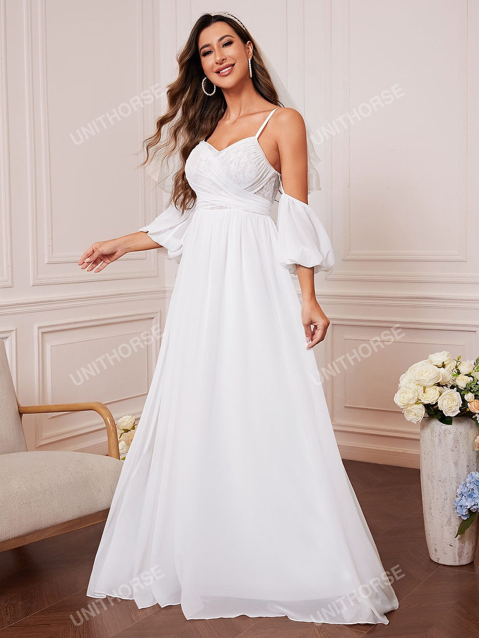 Thumbnail: Cold Shoulder Contrast Lace Tie Back Chiffon Wedding Dress