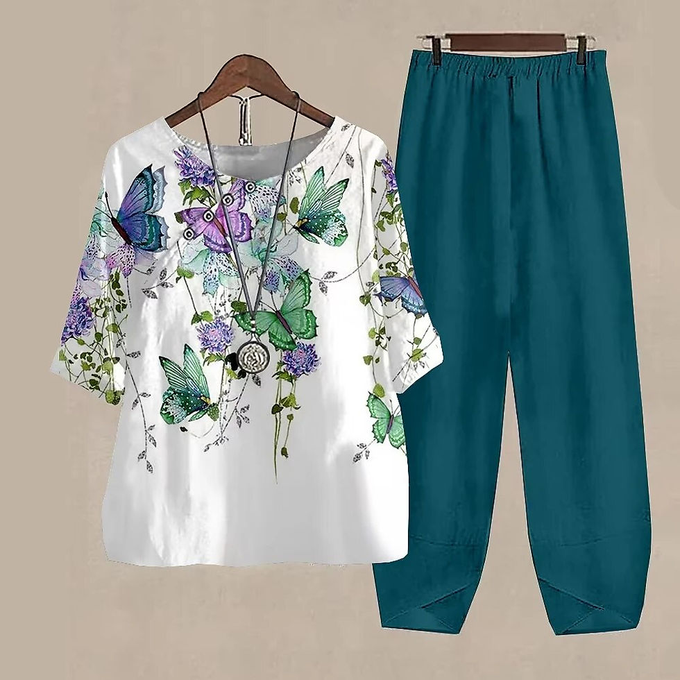 Thumbnail: Ladies Elegant Vintage Suit Butterfly Print White Two Piece Set Casual Female L