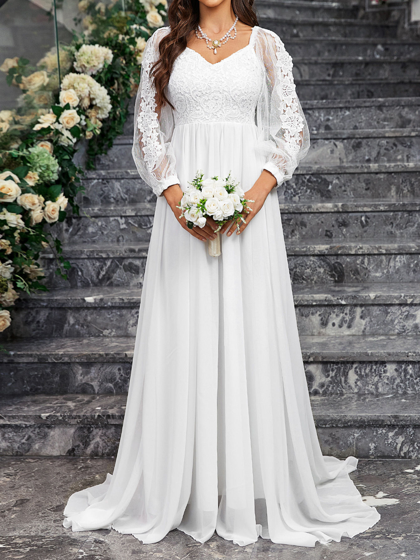 Women'S Wedding Dresses Boho Long Sleeves Romantic White V-Neck Long Sleeve Lac