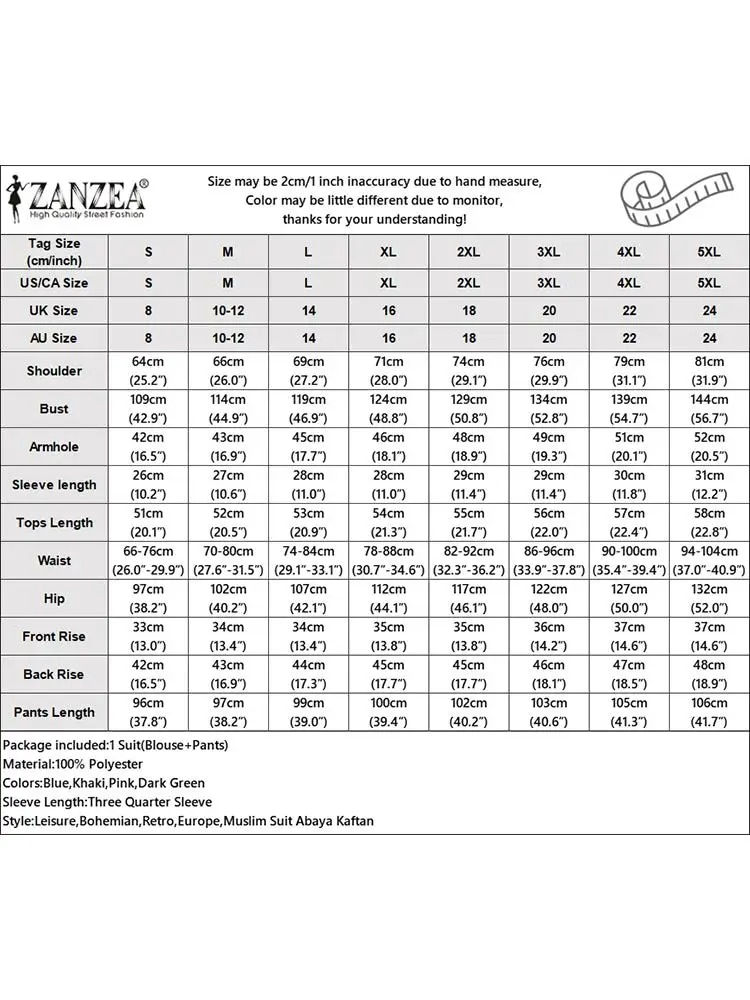Thumbnail: ZANZEA Women Vintage 3/4 Sleeve Blouse Wide Leg Pants Suits Casual Work Tracksu