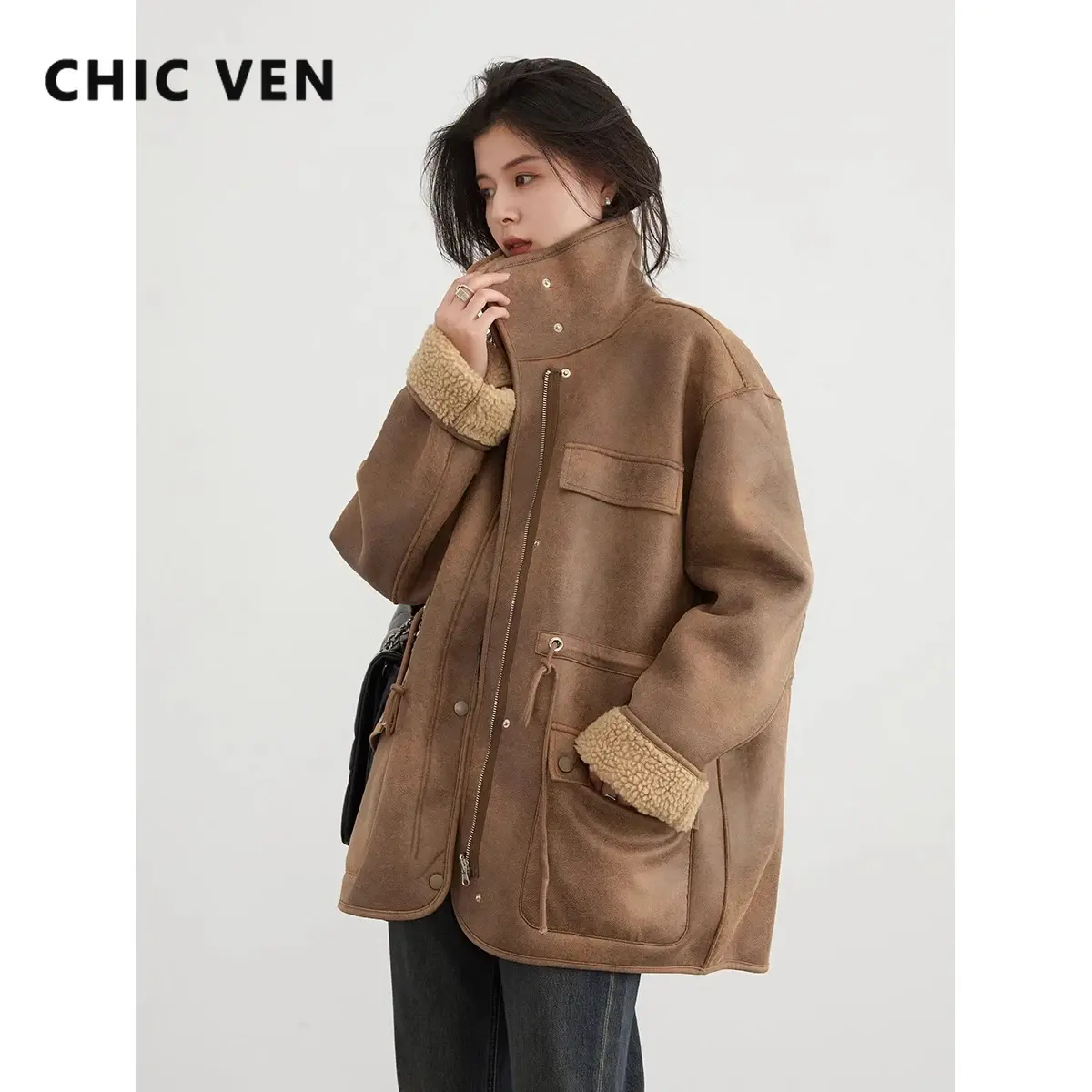 CHIC VEN Women's Jackets Thick Warm Solid Suede Reversible Jacket Motorcycle Ou