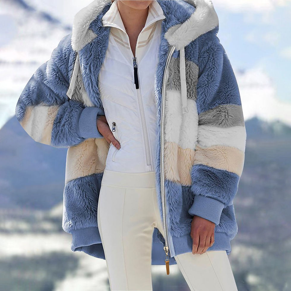 Pikkukuva: Women Winter Coat Warm Patchwork Zipper Pocket Striped Hooded Faux Fur Long Sle