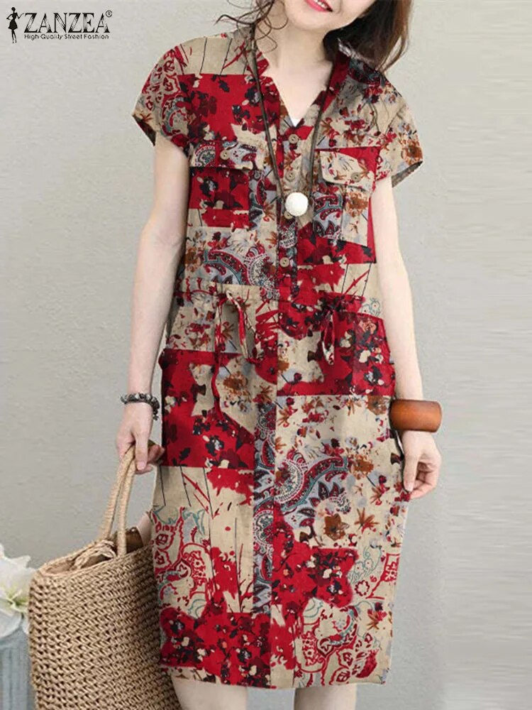 Thumbnail: ZANZEA Summer Short Sleeve Solid Knee-length Dress Fashion Women V Neck Casual