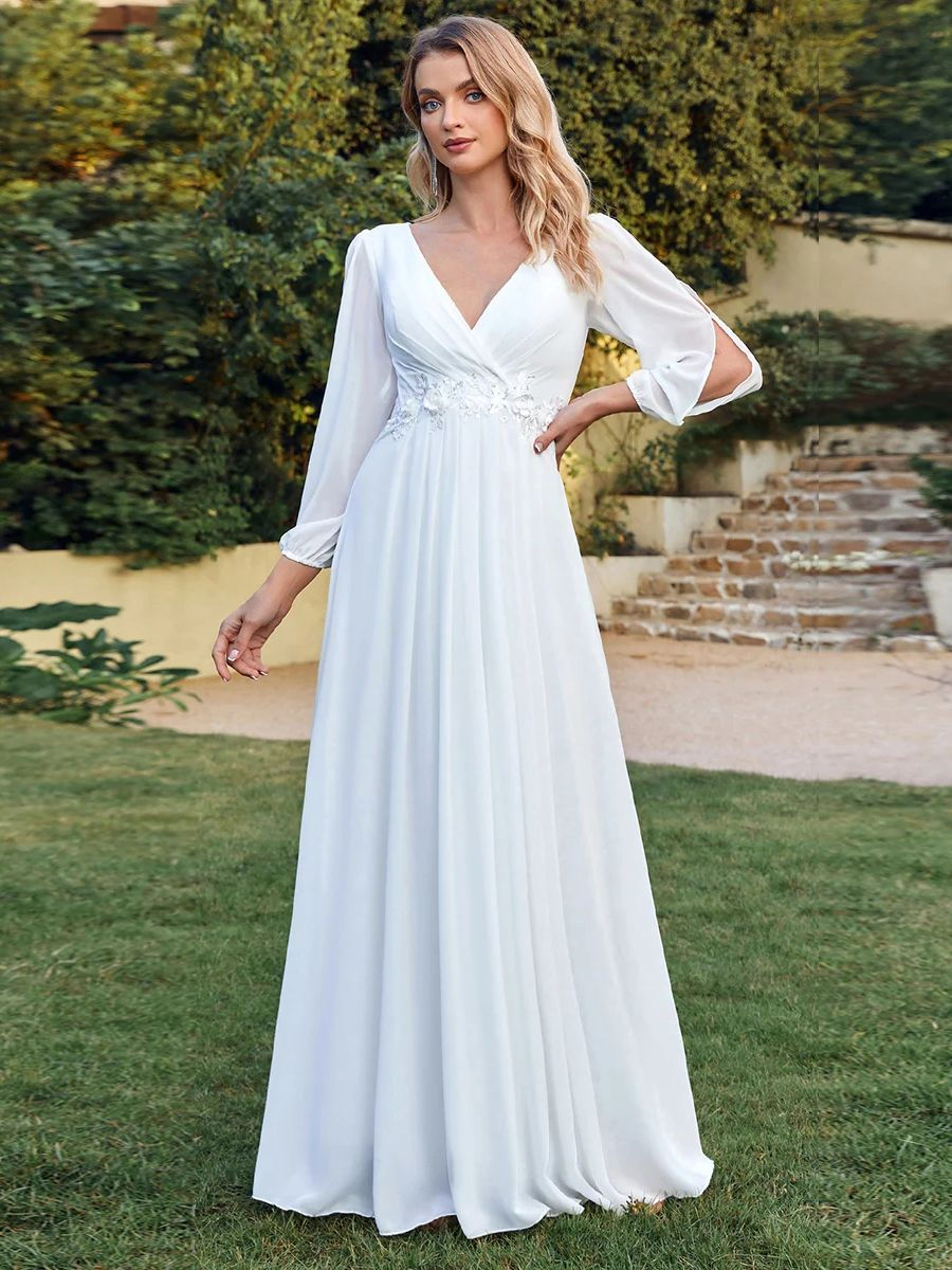 Pikkukuva: Simple V Neck Long Sleeves Applique A Line Boho Wedding Dresses Chic And Chiffo