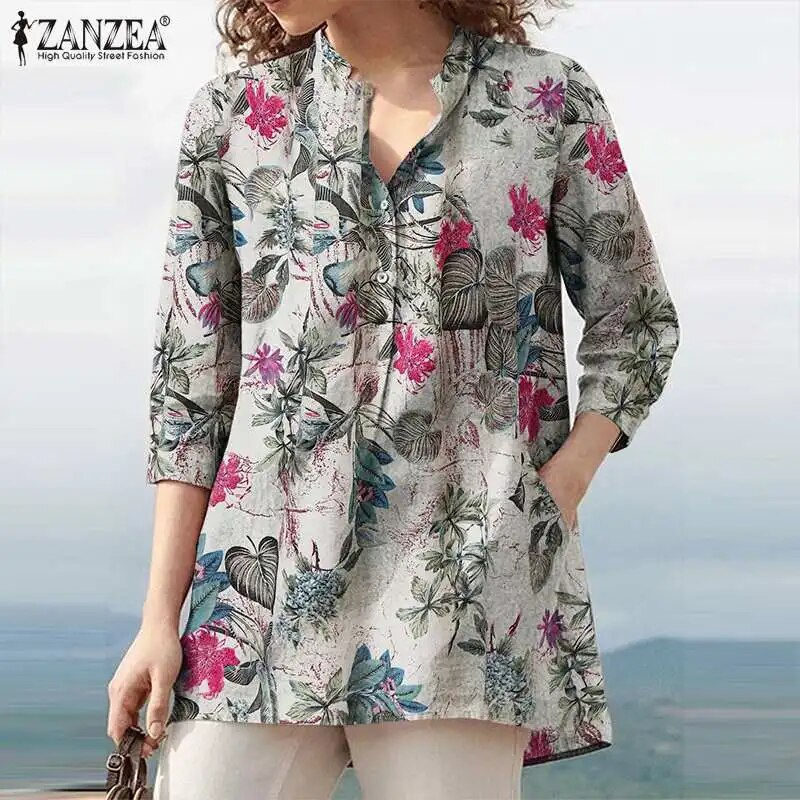 ภาพขนาดย่อ: Floral  Printed Blouse Oversized Women Casual V Neck 3/4 Sleeve Shirt ZANZEA Re