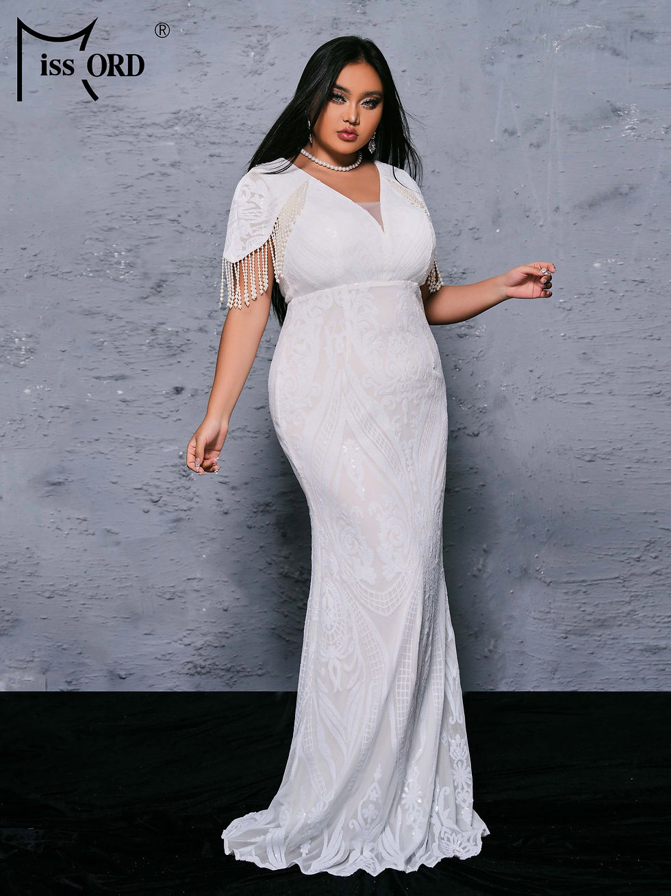 Thumbnail: Missord Plus Size 4XL Formal Occasion Dresses V Neck Tassel Mermaid Evening Wed