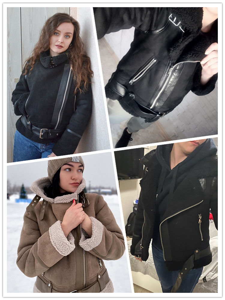 Miniaturebillede: RARF Winter Women Thick Warm Suede Lamb Jacket Short Motorcycle Brown Coats Fau