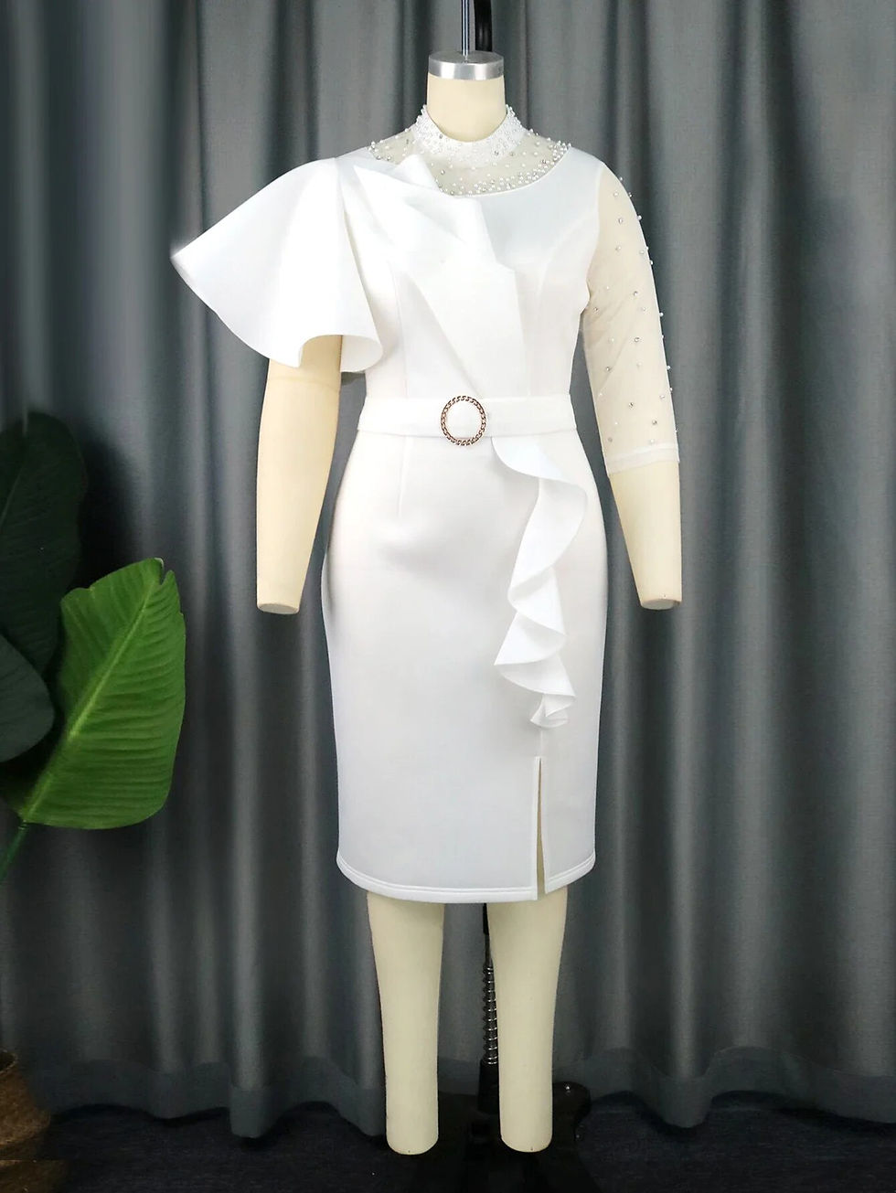 Thumbnail: Women White Party Dress Bodycon Cocktail Mesh Beading Irregular Sleeves Ruffles
