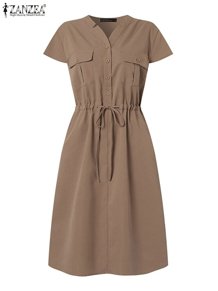 Thumbnail: ZANZEA Summer Short Sleeve Solid Knee-length Dress Fashion Women V Neck Casual