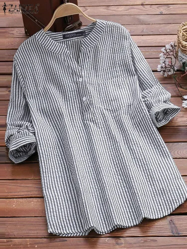Μικρογραφία: ZANZEA Spring V-Neck Long Sleeve Blouses Office OL Tunic Chemise Stylish Stripe