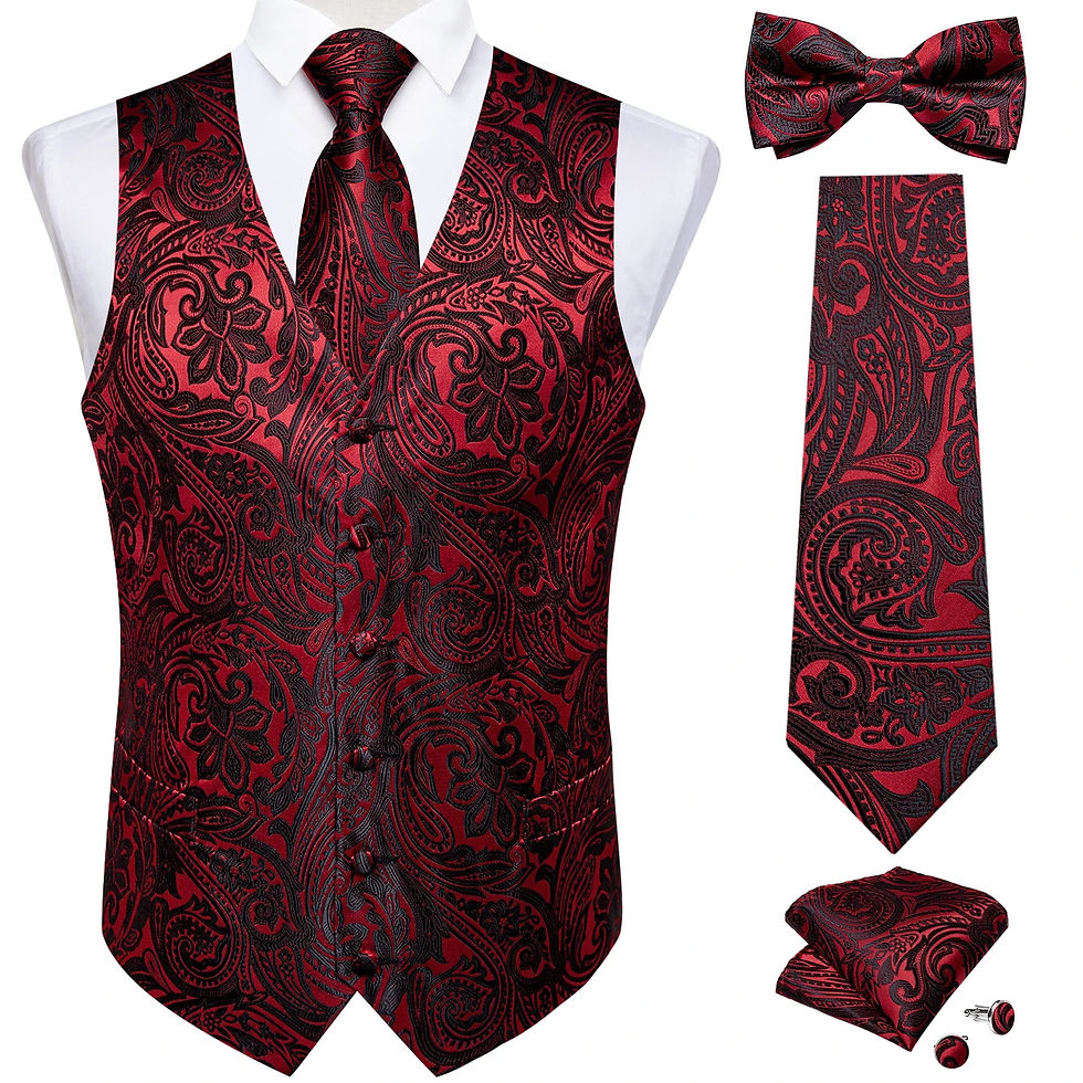 Miniatyrbild: Men Black Paisley Vest Necktie Bowtie Pocket Square Cufflinks Dress Set жилетка