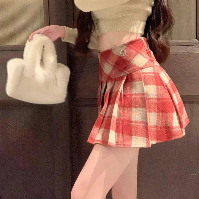 Thumbnail: DEEPTOWN Winter Plaid Skirt Women Vintage Woolen Korea Dongdaemun 2023 Preppy C