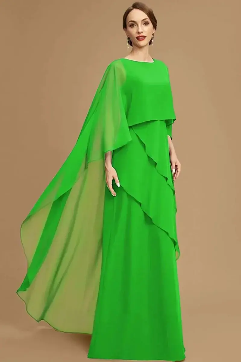 Thumbnail: Elegant Women Party Dress Chiffon Batwing Cape Sleeve Plus Size O-Neck Gowns Co
