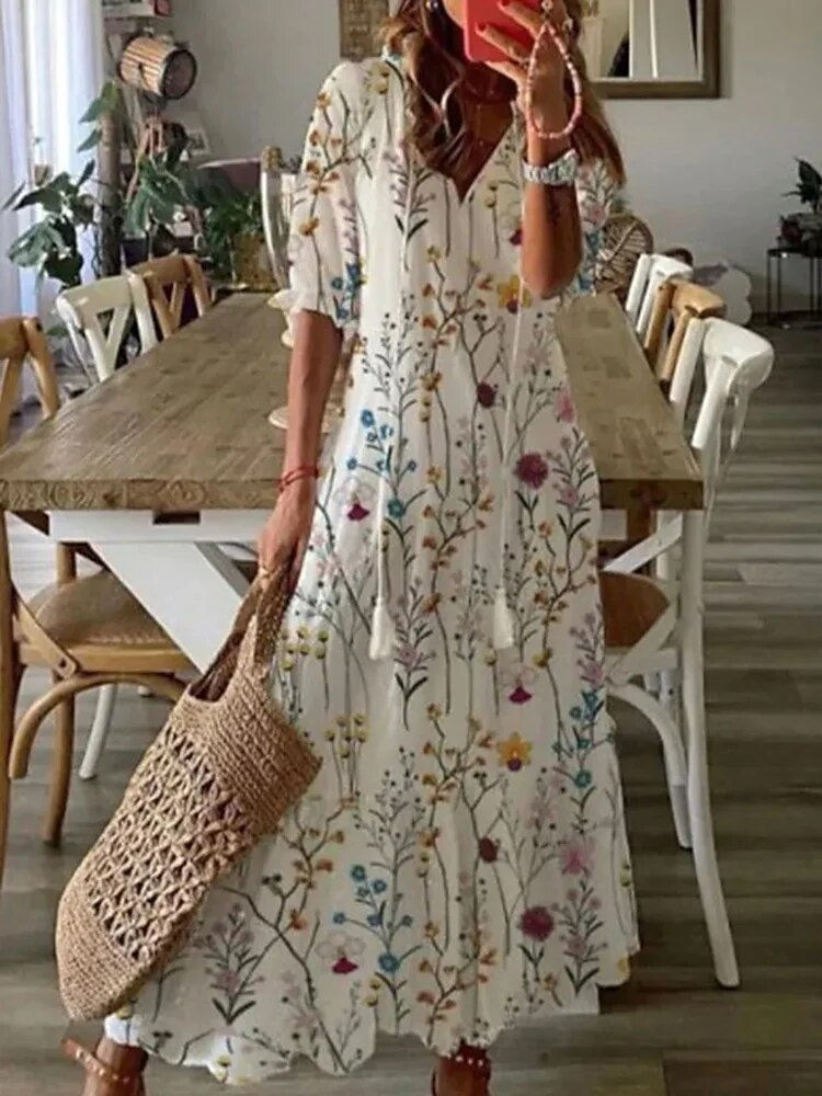 Thumbnail: Women Elegant V Neck Print Long Dress Vintage Harajuku Half Sleeve Bohemian Max