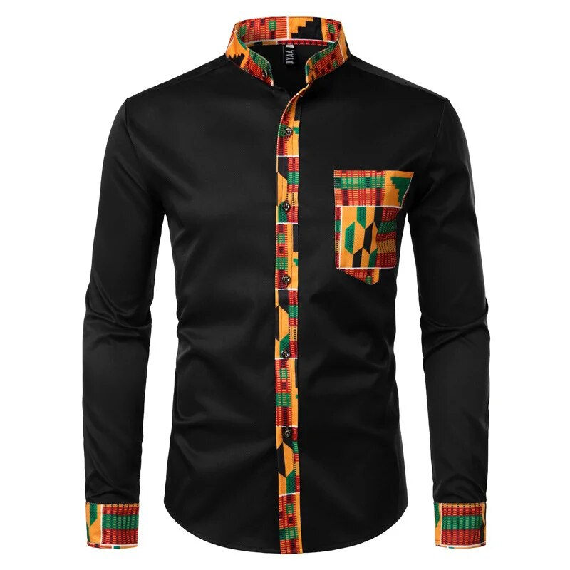 Thumbnail: New African Clothing Men's Shirt Standing Neck Digital Printing Long Sleeve Flo