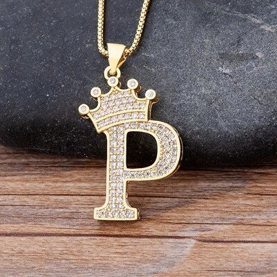 Thumbnail: Nidin New Luxury Copper Zircon A-Z Crown Alphabet Pendant Chain Necklace Hip-Ho