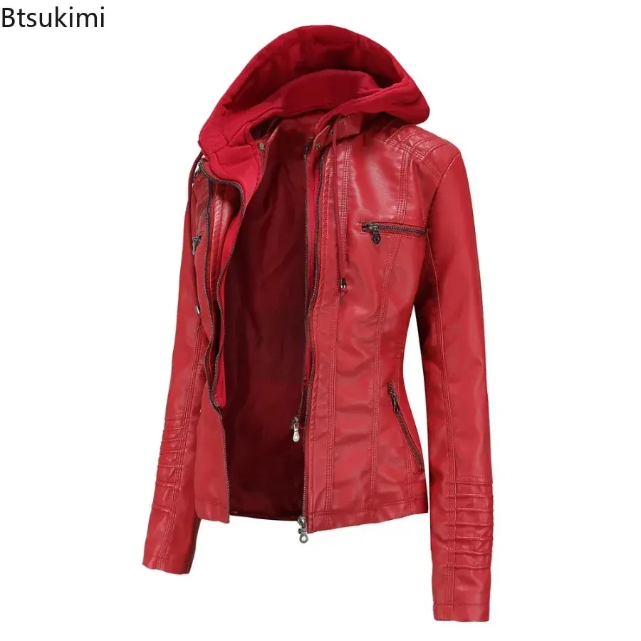 Thumbnail: 2024 Women's Hooded Leather Jacket 2 Pieces Set with Detachable Large Leather J