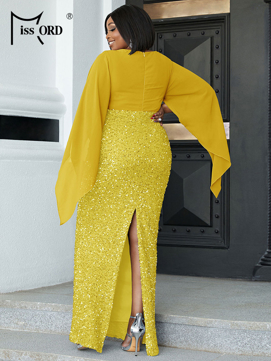 Miniatura: Missord Yellow Sequin Plus Size Wedding Party Dress Elegant Women V Neck Flare 