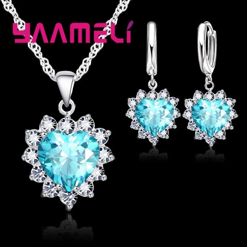 Miniatura: Trendy 925 Sterling Silver Jewelry Set for Women Heart CZ Stone Charm Pendants 