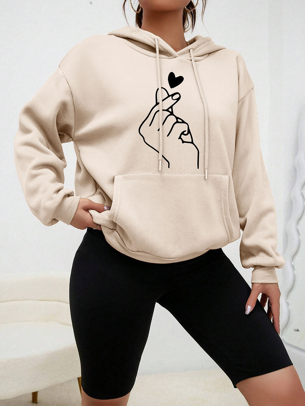 Thumbnail: Simple Heart By Hand Print Clothes Female Hip Hop Street Hoodies Casual Fashion